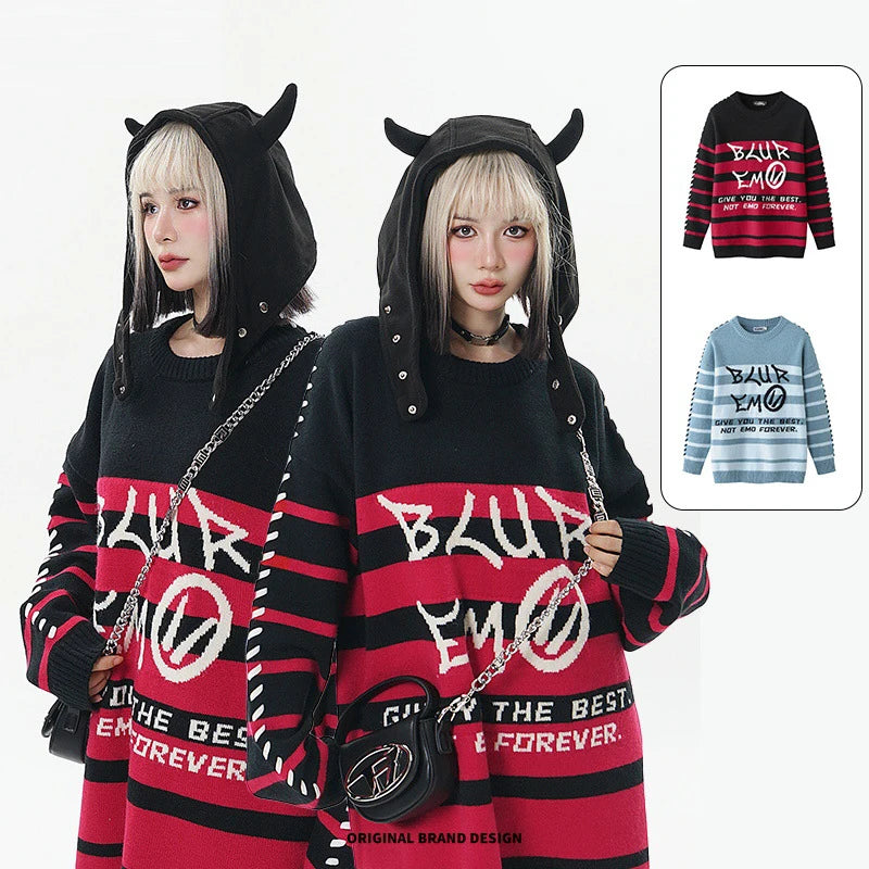 Men Striped Sweater Letter Graphic Loose Knitwear Jumper Pullover Sweaters Harajuku Hip Hop Streetwear Knitted Sweater Street King Limited