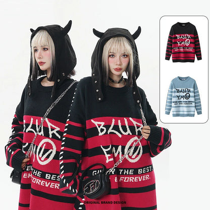 Men Striped Sweater Letter Graphic Loose Knitwear Jumper Pullover Sweaters Harajuku Hip Hop Streetwear Knitted Sweater Street King Limited