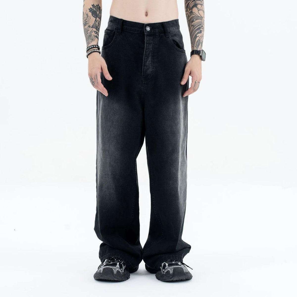 24Spring wash black ash straight tube baggy jeans Street King Limited