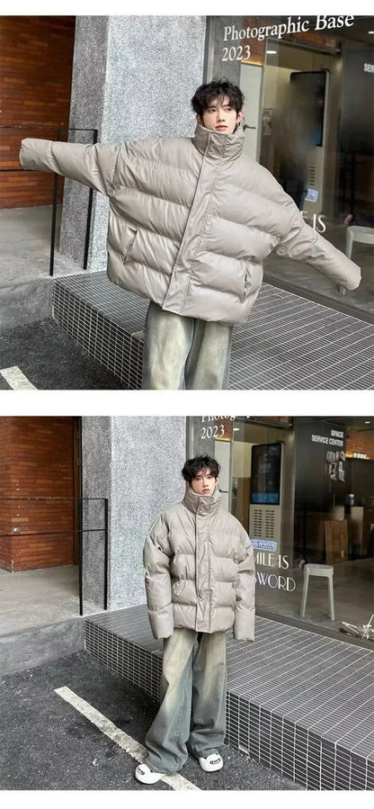 Winter Korean style stand up collar trend PU leather men and women high-end feeling thick cotton jacket couple loose casual top Street King Limited