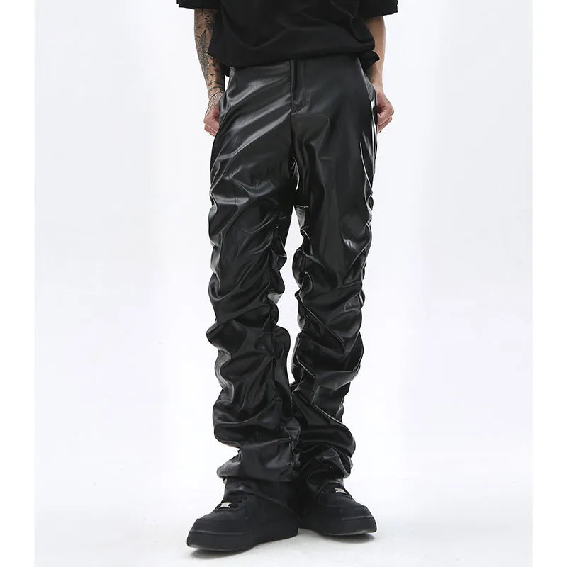 Hip Hop Mens Pleated Pu Leather Pants Harajuku Retro Streetwear Loose Ruched Casual Trousers Straight Solid Color Black Pants Street King Limited