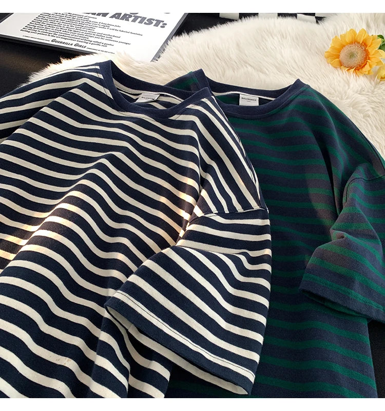 Japanese Striped Contrasting Color Short-Sleeved T-Shirt Men's Summer Pure Cotton 280g Heavy Loose Half-Sleeved T-Shirt Street King Limited