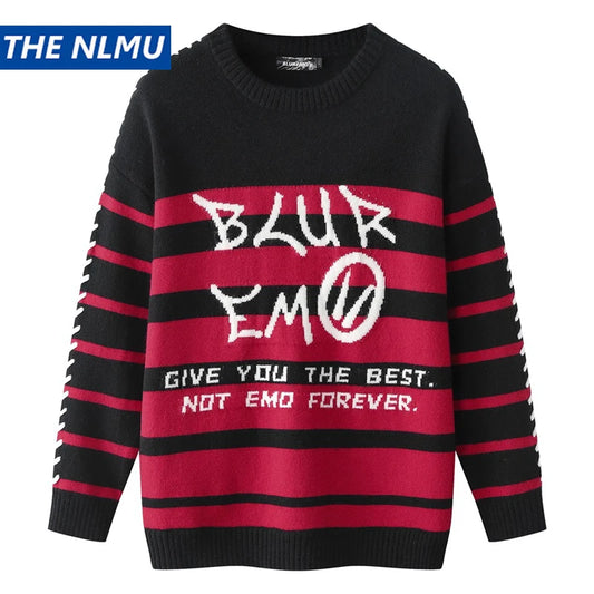 Men Striped Sweater Letter Graphic Loose Knitwear Jumper Pullover Sweaters Harajuku Hip Hop Streetwear Knitted Sweater Street King Limited