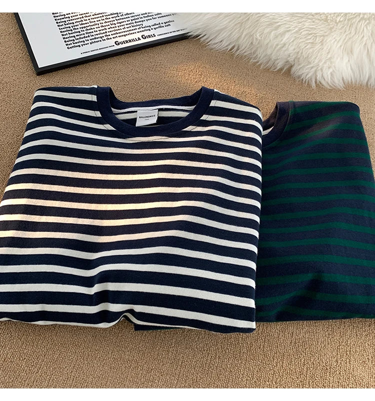 Japanese Striped Contrasting Color Short-Sleeved T-Shirt Men's Summer Pure Cotton 280g Heavy Loose Half-Sleeved T-Shirt Street King Limited