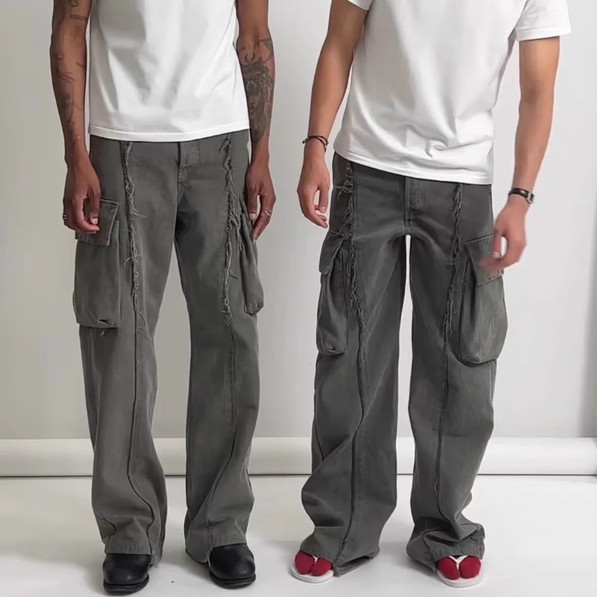 y2k streetwear tassel multi pocket jeans for men straight solid baggy cargo pants pantalones hombre casual denim trousers unique cargo style 894