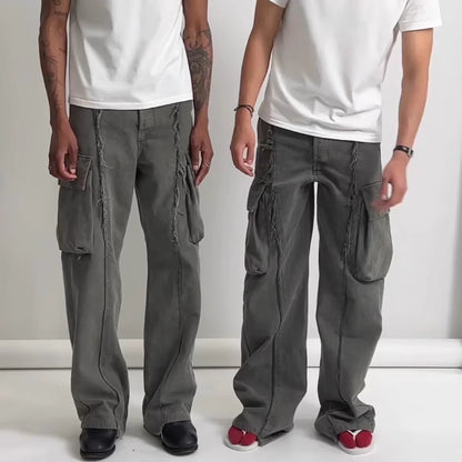 y2k streetwear tassel multi pocket jeans for men straight solid baggy cargo pants pantalones hombre casual denim trousers unique cargo style 894