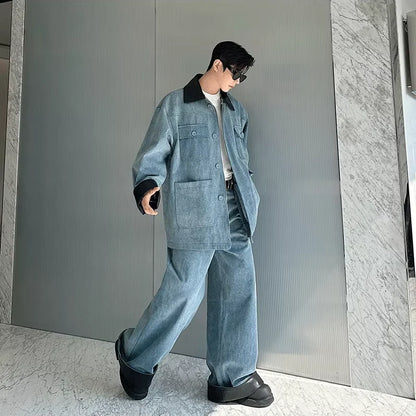 fashion show suits men streetwear washed denim splice loose casual jacket wide leg jeans pants 2 piece sets coat trousers suits ripped baggy denim