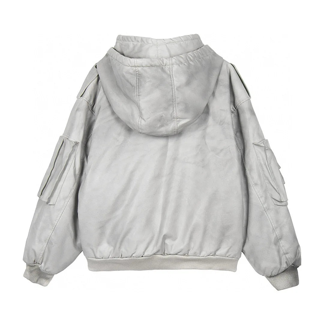 new arrival vintage heavyweight dirty grey double layer hooded leather jacket with multiple pockets zipper design cotton jacket unique default style 131