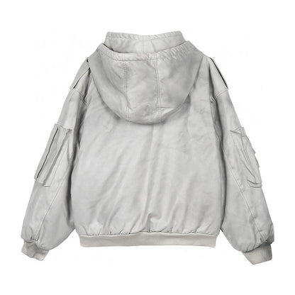 new arrival vintage heavyweight dirty grey double layer hooded leather jacket with multiple pockets zipper design cotton jacket unique default style 131