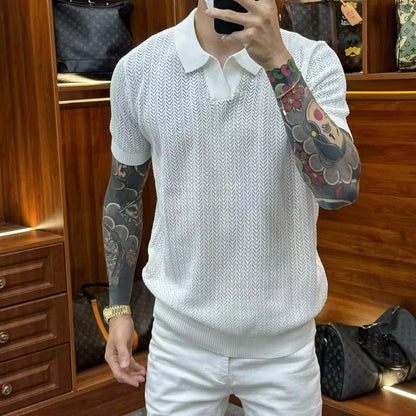 Mens Perspective Casual Cotton Knitted T-Shirt Daily Breathable Versatile Solid Color Simple Comfortable Elastic Top 2024 Summer Street King Limited