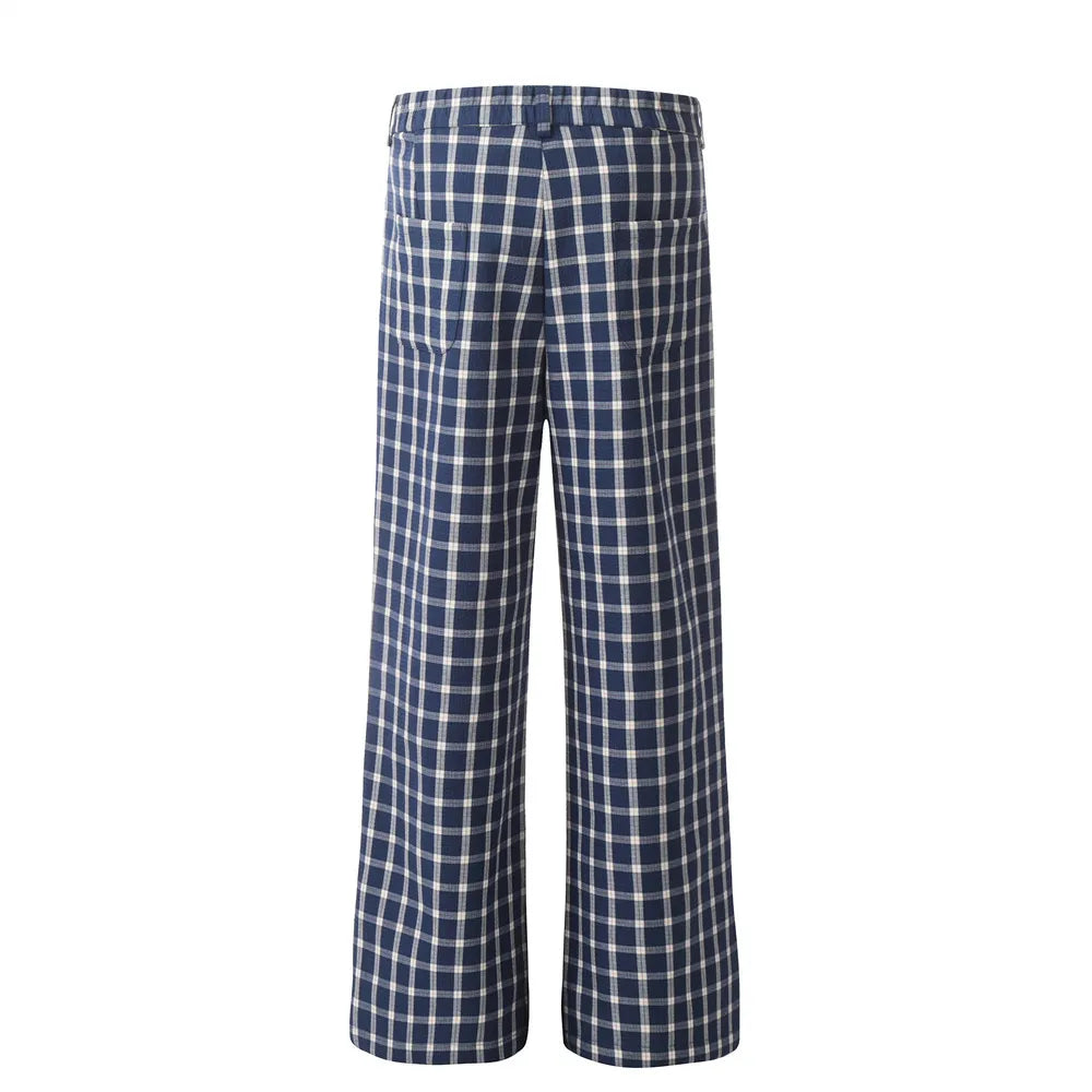 men women american streetwear fashion loose plaid wide leg straight pant boyfriend button down sports casual pants trousers minimalist street pants