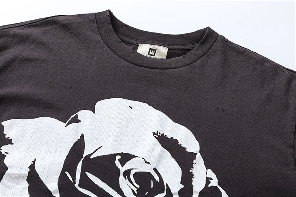 Vintage 90s Old School Style Sunfade Rose Cracking Washed Old Streetwear Printed T-shirt For Men Street King Limited