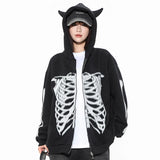 Men Zipper Hoodies Devil Horn Fleece Sweatshirt Skeleton Bone Print Coat Harajuku Loose Hip Hop Streetwear Unisex Street King Limited