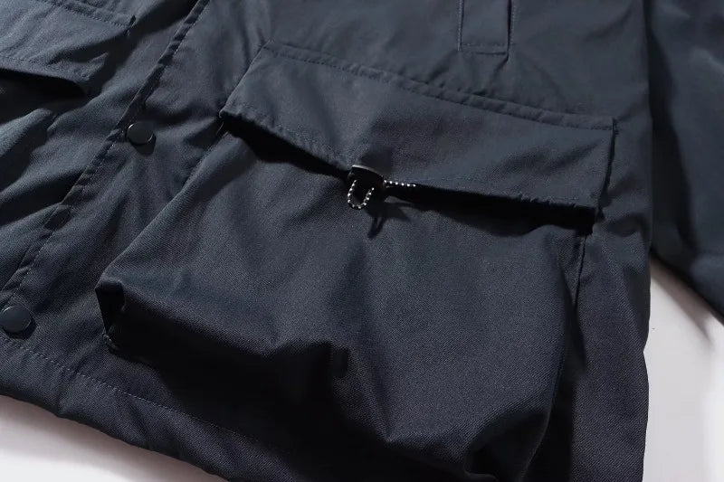 japanese spring jacket mens single breasted stand collar harajuku unisex coats solid big pocket drawstring casual men outwear unique default style 1897