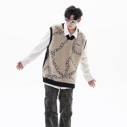 High Street Harajuku Imitation Mink Hair Knitted Vest Chain Color Block V-neck Pullover Sweater Vest Oversized Knitwear Trendy Street King Limited