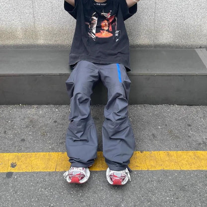 y2k blue zipper multi pocekts baggy cargo pants for men straight pantalones hombre casual trousers oversized hip hop overalls multi-pocket cargos