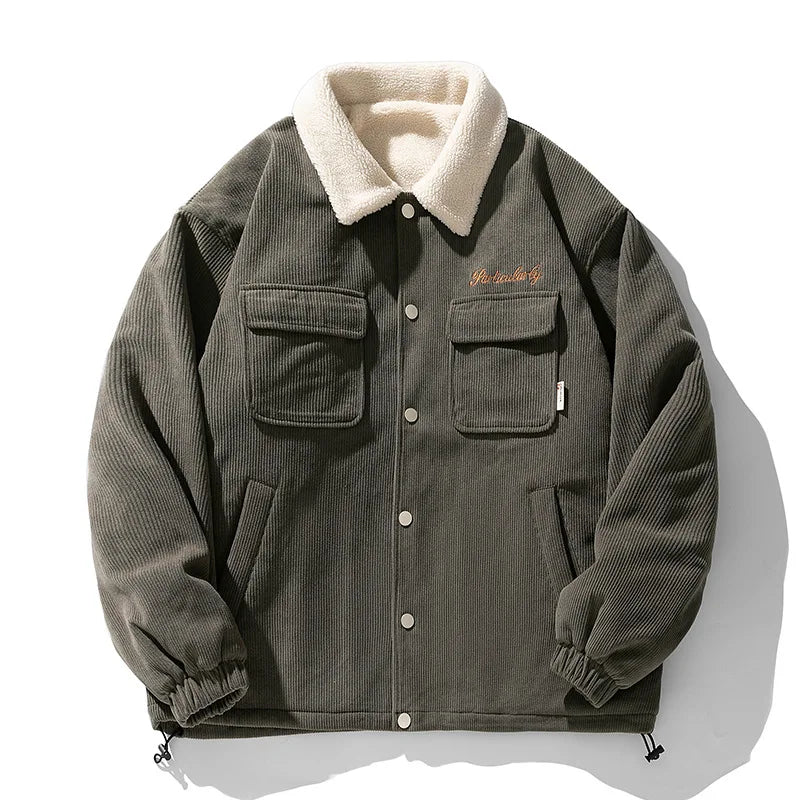 fashion men lamb fleece polo collar cotton padded coat winter embroidery loose thicken warm corduroy wadded jacket male outwear urban fashion pants