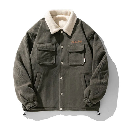 fashion men lamb fleece polo collar cotton padded coat winter embroidery loose thicken warm corduroy wadded jacket male outwear urban fashion pants