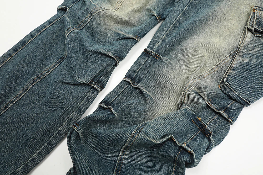 streetwear side pockets pleated washed blue jeans unisex straight baggy y2k denim pants ropa hombre casual cargo pants oversized unique cargo style 5208