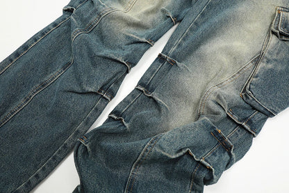 streetwear side pockets pleated washed blue jeans unisex straight baggy y2k denim pants ropa hombre casual cargo pants oversized unique cargo style 5208
