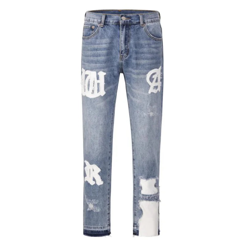 letters patckwork bottom ripped denim jeans men casual straight biker trousers fashion streetwear hip hop jean pants joggers casual joggers