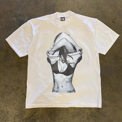 Heavy and opaque American-style undressed beauty print male and female couple design short-sleeved T-shirt men clothing y2k tops Street King Limited
