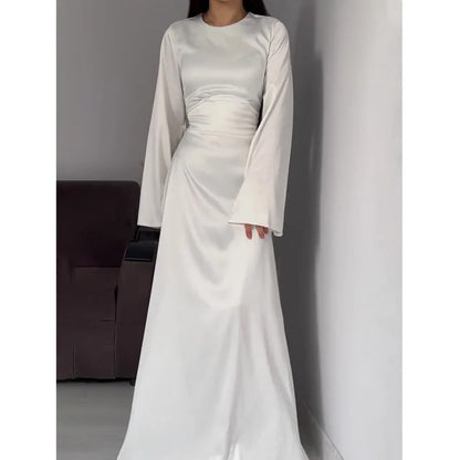 2024 Women Satin Long Dresses Sexy Lace Up Slim Evening Dresses Simple Round Neck Flare Sleeve Birthday Party Dresses For Women Street King Limited