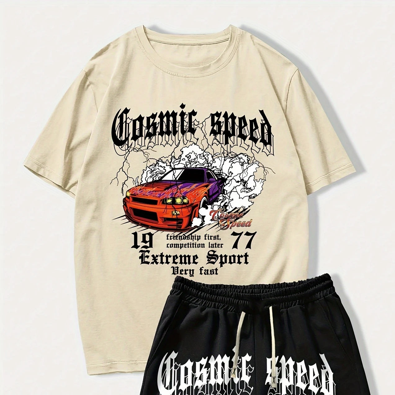 cosmic speed letter car graphic t shirts print shotr pants harajuku tracksuit men streetwear black sweatpants y2k men clothing sporty tapered joggers