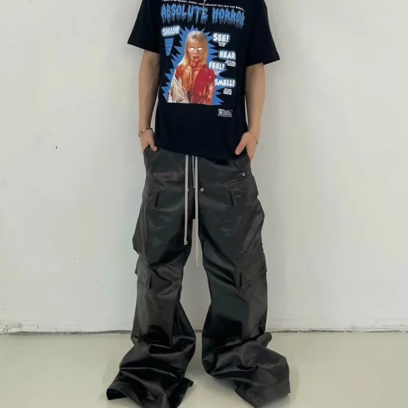 ro style matte pu leather pants for men high street y2k pantalones hombre baggy overall wide leg drawstring cargo pants unique cargo style 5465