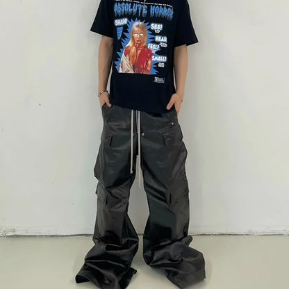 ro style matte pu leather pants for men high street y2k pantalones hombre baggy overall wide leg drawstring cargo pants unique cargo style 5465