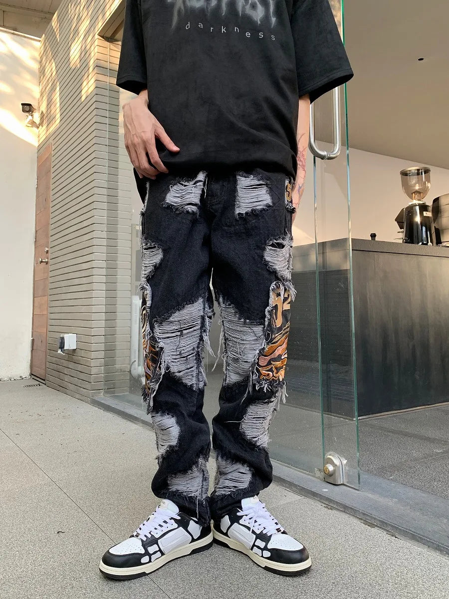 fashion embroidery destroyed ripped tassel holes denim jean pants mens casual loose straight jeans hip hop streetwear joggers unique joggers style 3328