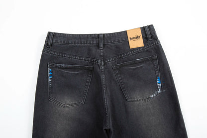Feet Ink Painted Washed Black Jeans for Men Straight Retro Baggy Casual Cargo Pants Pantalones Hombre Oversized Denim Trousers Street King Limited