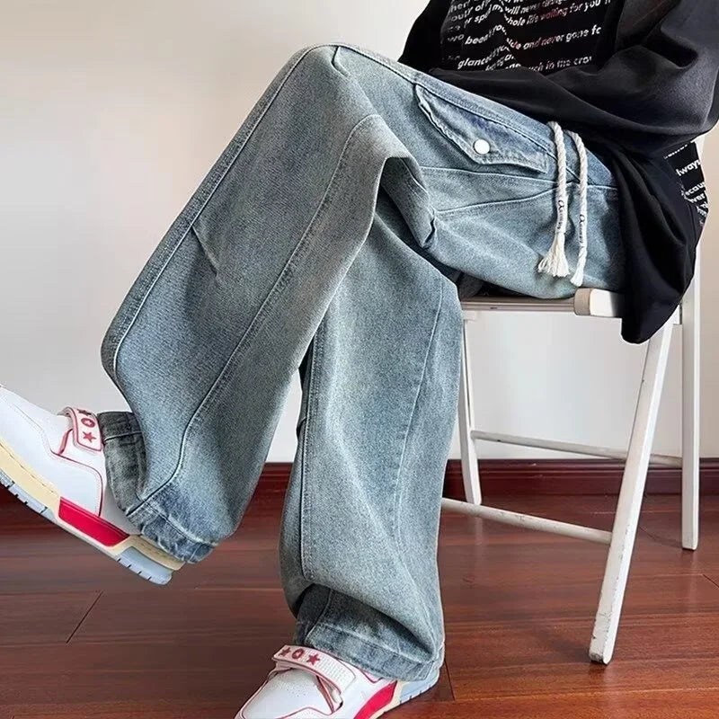 2025 new hip hop multi pockets straight jeans for men high street cargo denim pants spring y2k vintage distressed baggy jean combat utility trousers