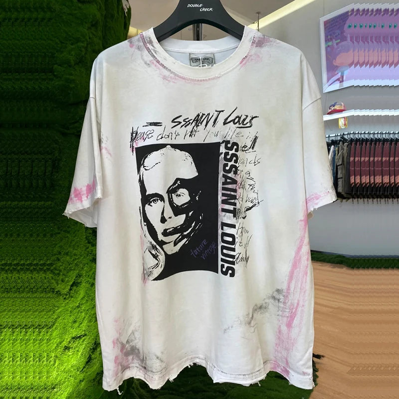 2024ss Saint Louis T-shirts Men Woman Good Quality Cotton Loose Wash White Nightmare Debris Printing Top Tees Street King Limited