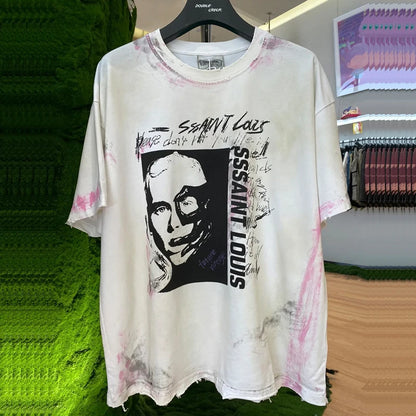 2024ss Saint Louis T-shirts Men Woman Good Quality Cotton Loose Wash White Nightmare Debris Printing Top Tees Street King Limited