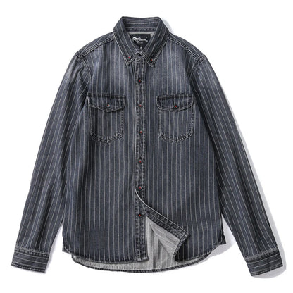 Amekaji VIntage Denim Shirt Men Spring Autumn New Lapel Multi-pocket Blue Striped Long Sleeve Cargo Shirt  Casual Cardigan Tops Street King Limited