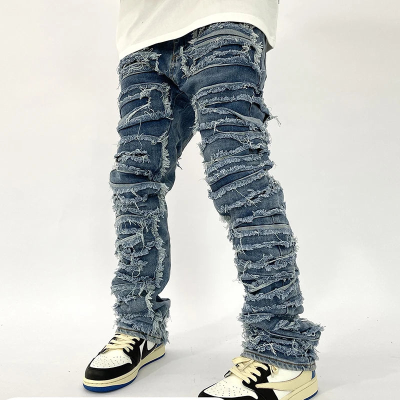 retro hole ripped distressed jeans for men straight washed harajuku hip hop loose denim trousers vibe style casual jean pants denim street jeans