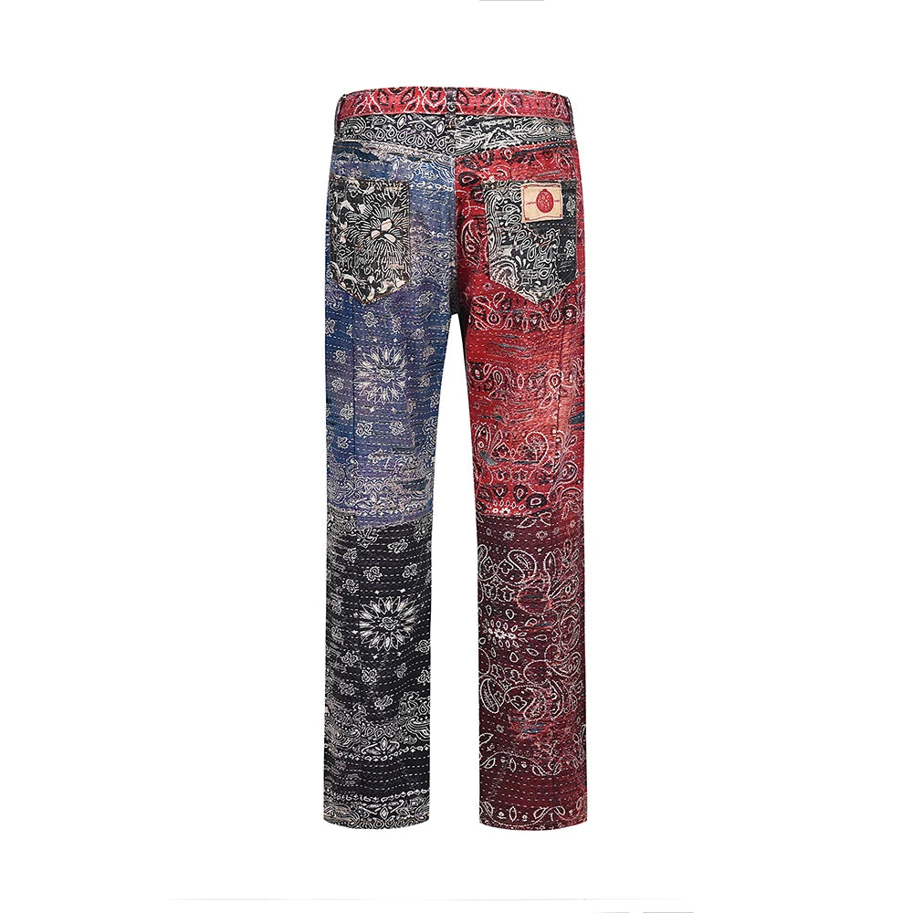 hip hop distressed paisley patchwork baggy jeans pants for men straight y2k ripped casual cargos oversized denim trousers military streetwear pants
