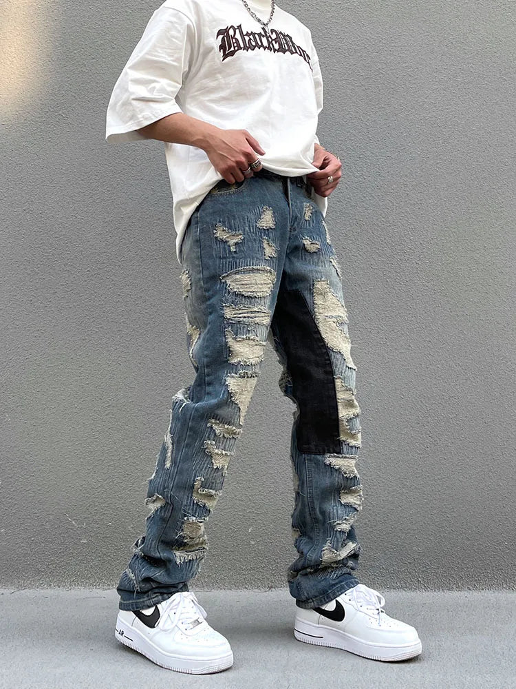 destroy ripped scratched patchwork denim jeans mens casual straight biker zipper trousers streetwear hip hop jean pants joggers unique joggers style 2895