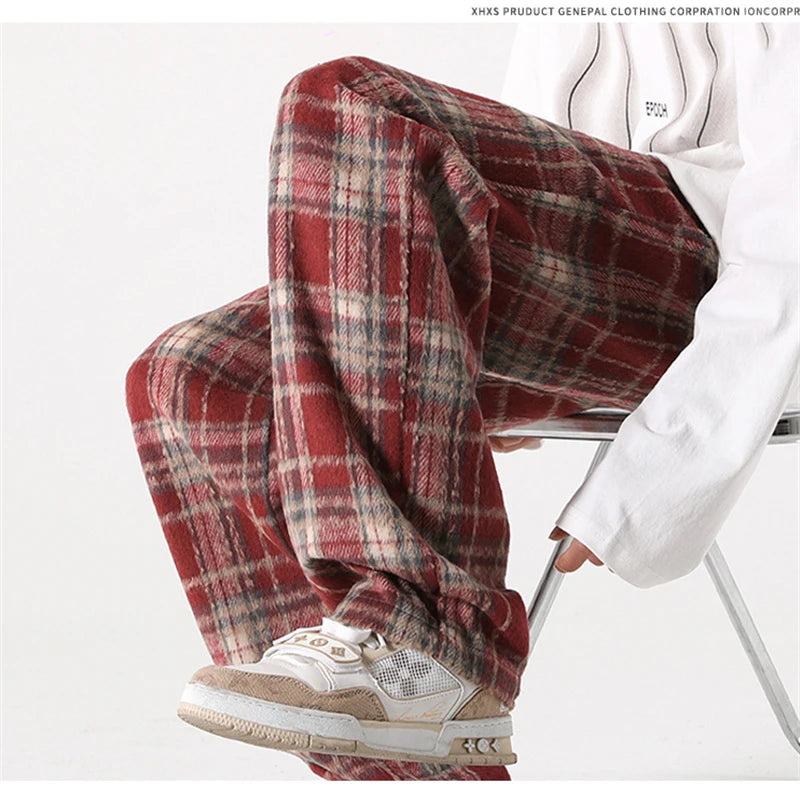 new mens y2k plaid casual baggy trousers autumn korean fashion straight woolen pants y2k vintage streetwear pantalones hombre unique default style 413