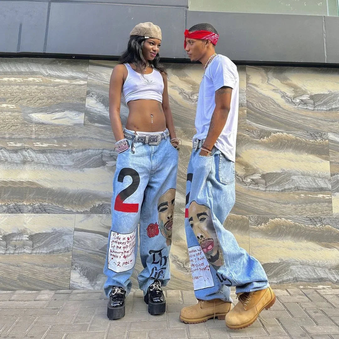 european and american street trend loose straight jeans summer female portrait print hip hop trousers female wide leg pants stacked flare jeans
