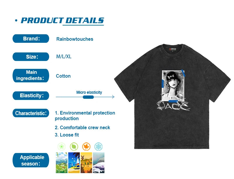 Rainbowtouches 2022 Summer Half-Sleeve T-Shirt Unisex High Street Vintage Graphic T Shirts Loose Casual Street Fashion Hip Hop Street King Limited