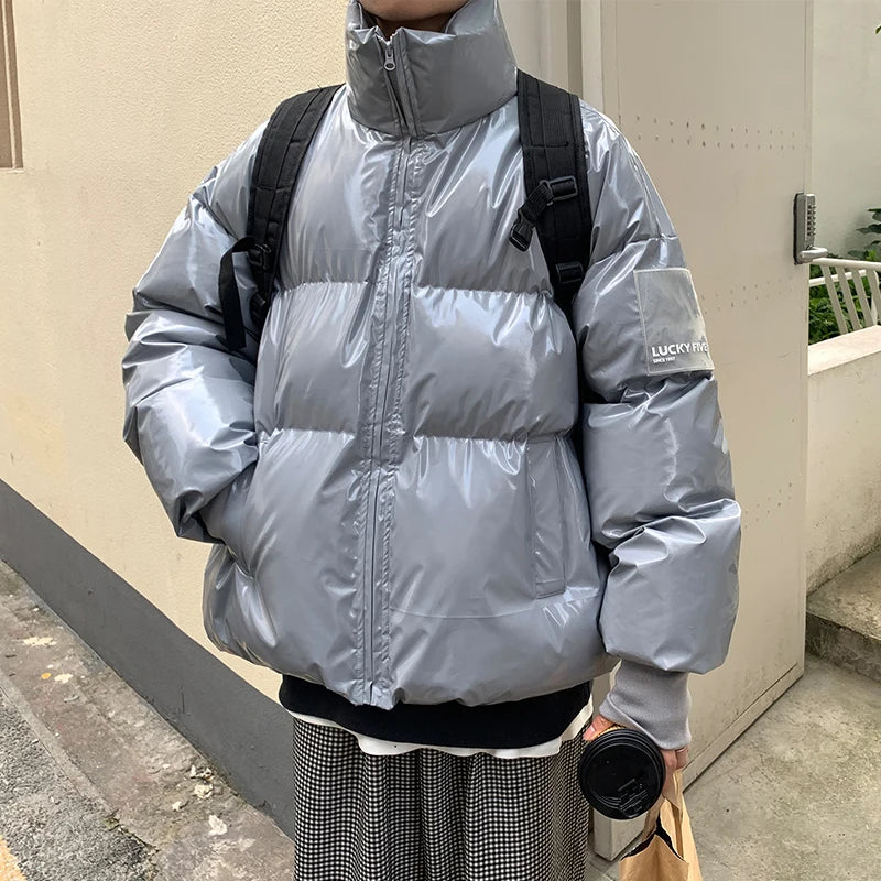 Winter Jacket Men Parkas Thicken Warm Coat Stand Collar Oversize Parkas Bright Leather Fabric Jacket Korean Style Padded Coat Street King Limited