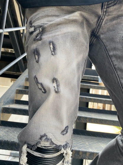 knee holes patckwork skinny denim jeans mens casual button fly slim biker trousers fashion streetwear hip hop jean pants joggers unique joggers style 2333