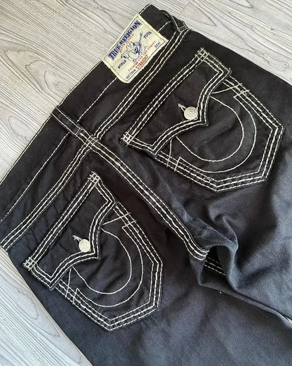 true religion vintage hip hop street leisure denim pants y2k gothic fashion embroidered straight leg wide leg jeans men clothing unique jeans style 3777