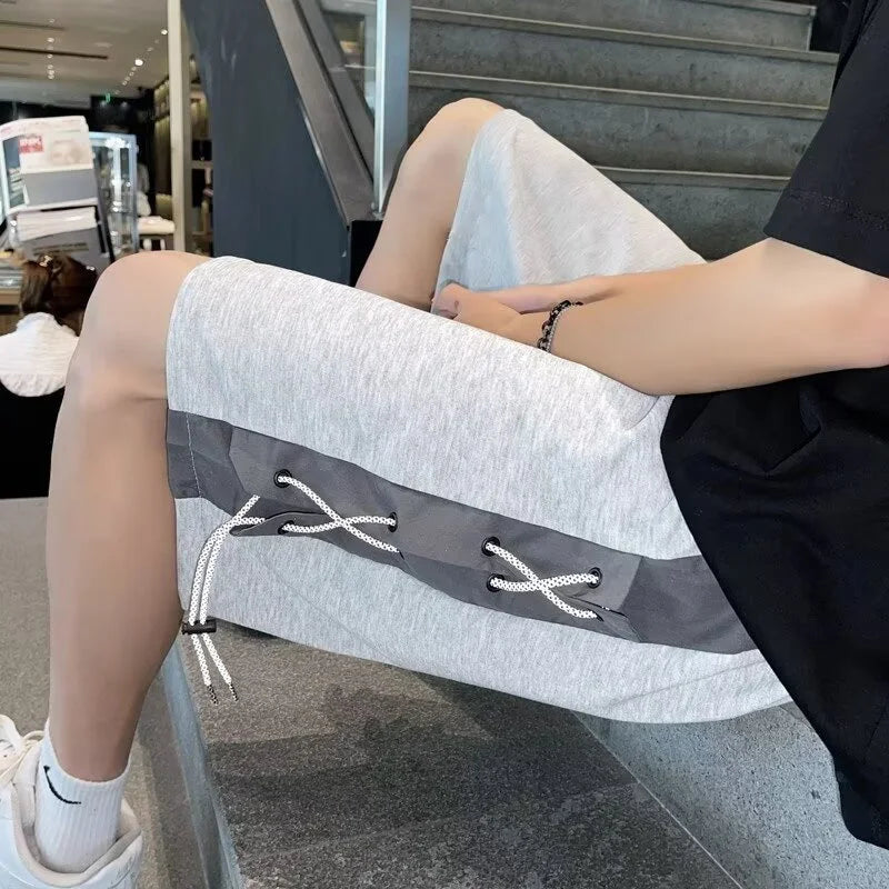 mens stitching rope athletic shorts drawstring breathable patchwork short pants summer outdoor streetwear y2k bermudas hombre casual urban shorts