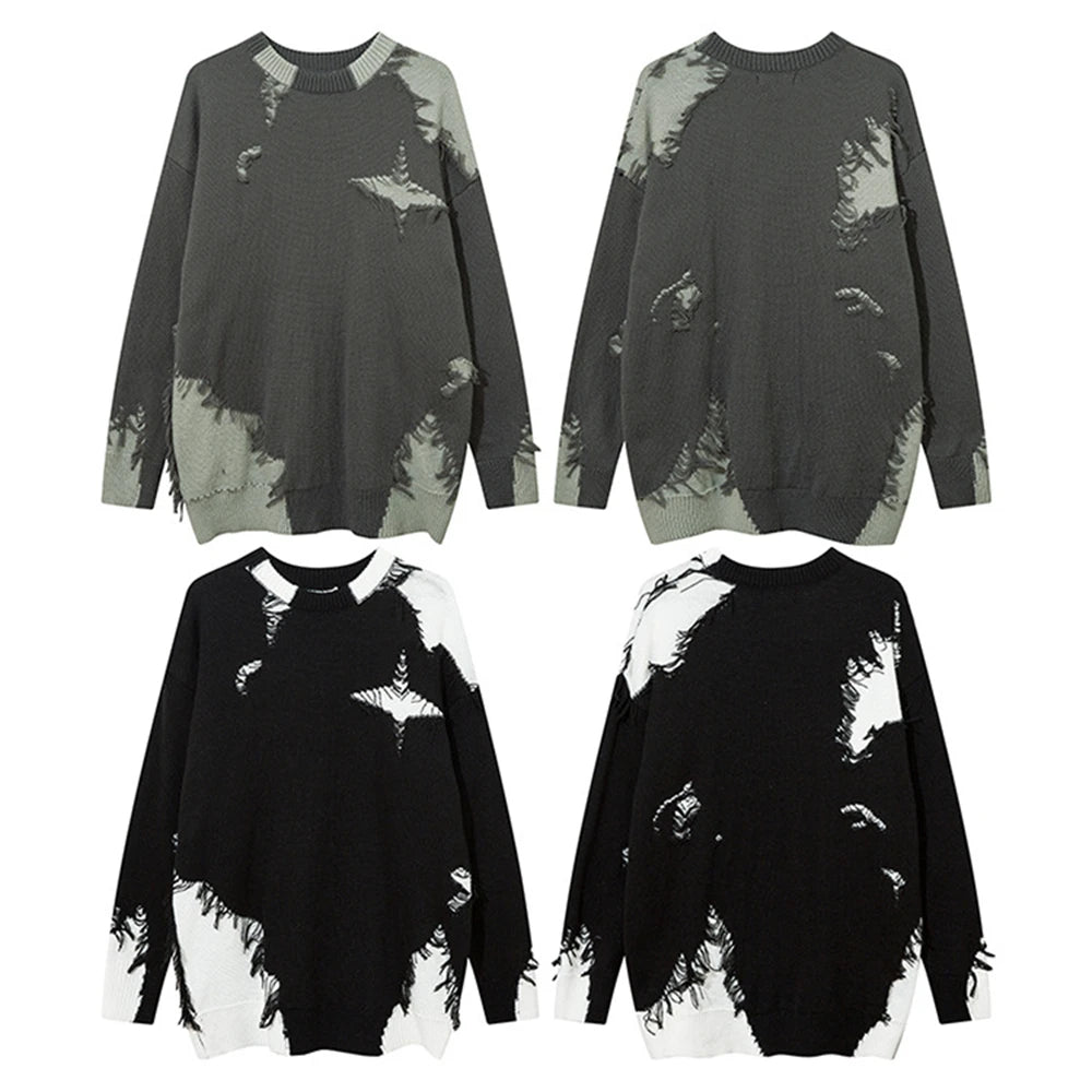 Men Ripped Sweater 2023 Distressed Vintage Graphic Streetwear Hip Hop Knitted Pullover Retro Sweater Loose Knitwear Hipster Street King Limited