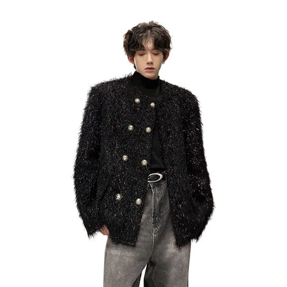 men double breasted french streetwear retro fashion loose casual tassels woolen short jacket man korean coat outerwear drawstring street shorts