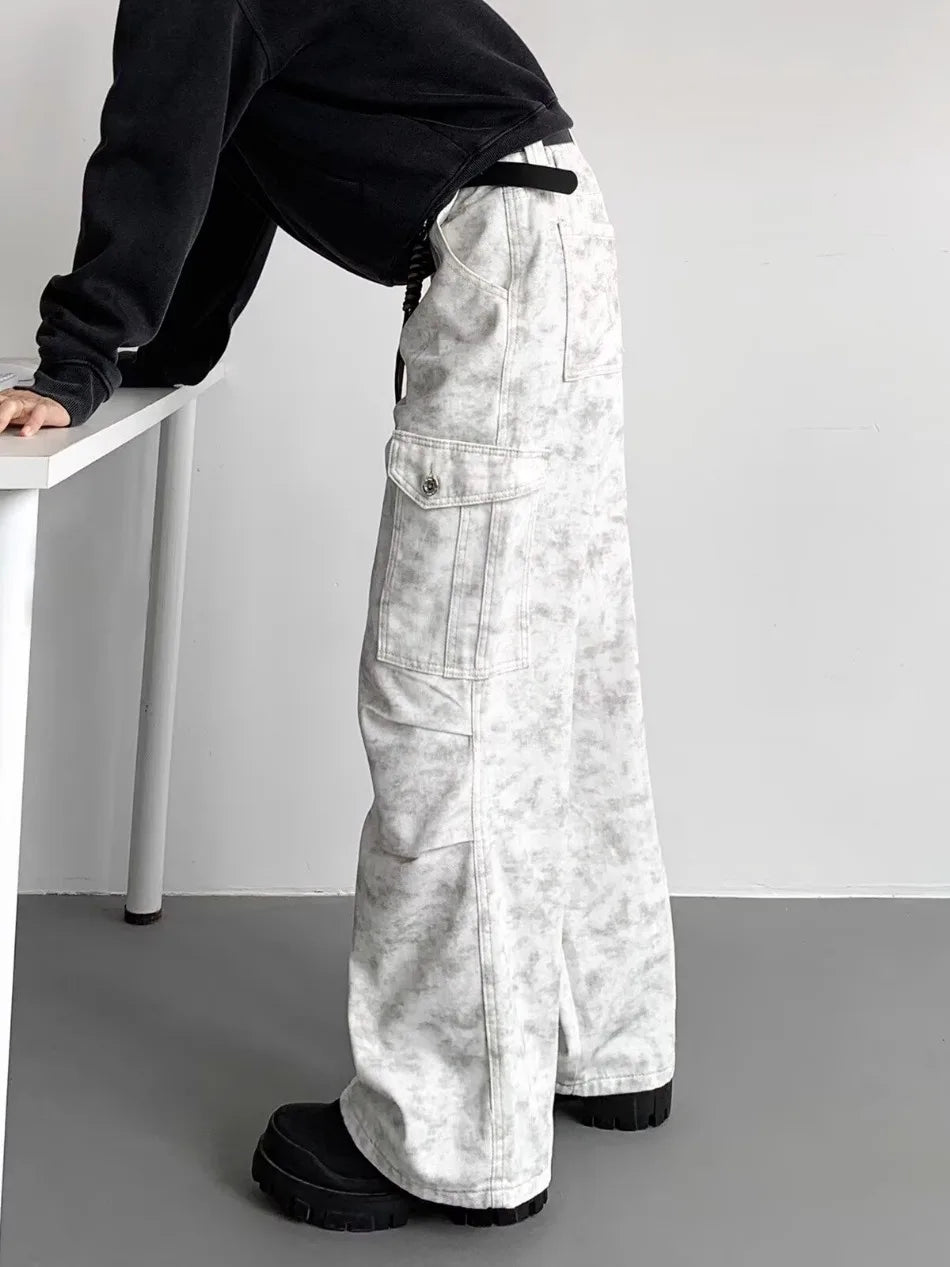 American Tie Dye Cargo Pants Mens Autumn Vintage High Street Straight Leg Trousers Casual Multi Pocket Loose Overalls Male Street King Limited