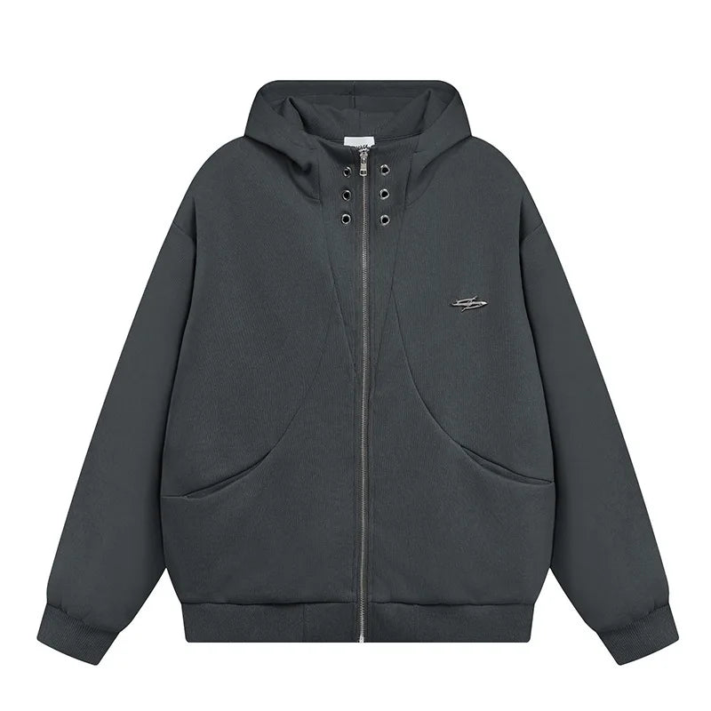 high street men structure line high collar hoodie jacket autumn winter rascal handsome versatile casual zipper coat unisex clean everyday pants